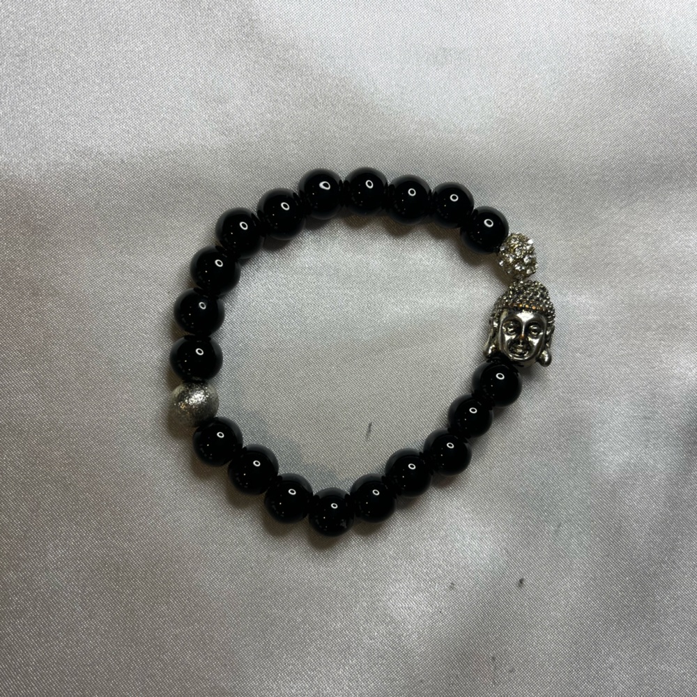 Jet black beaded bracelet, with Buddha accent bead